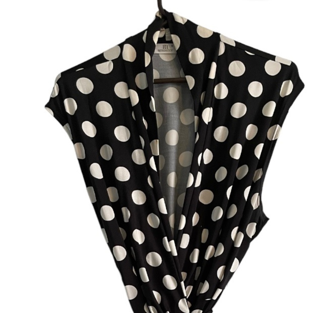 Black and white polka dot wrap dress